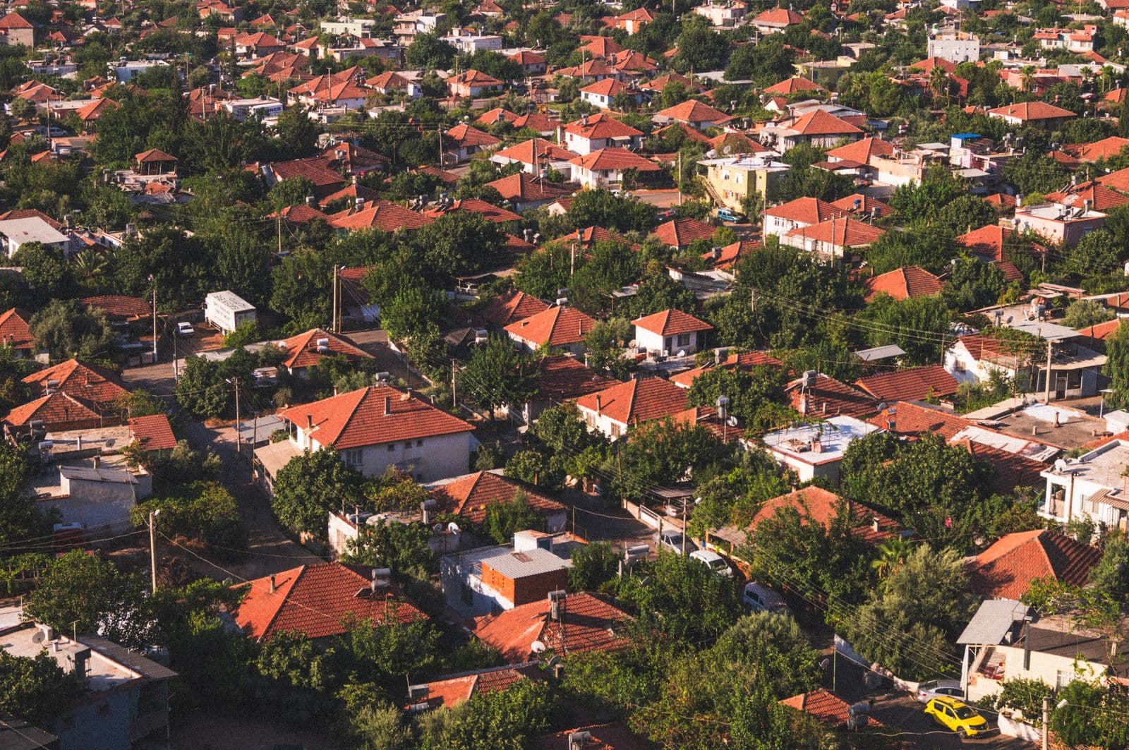 Aerial view of a Los Angeles neighborhood with red-tile roofs